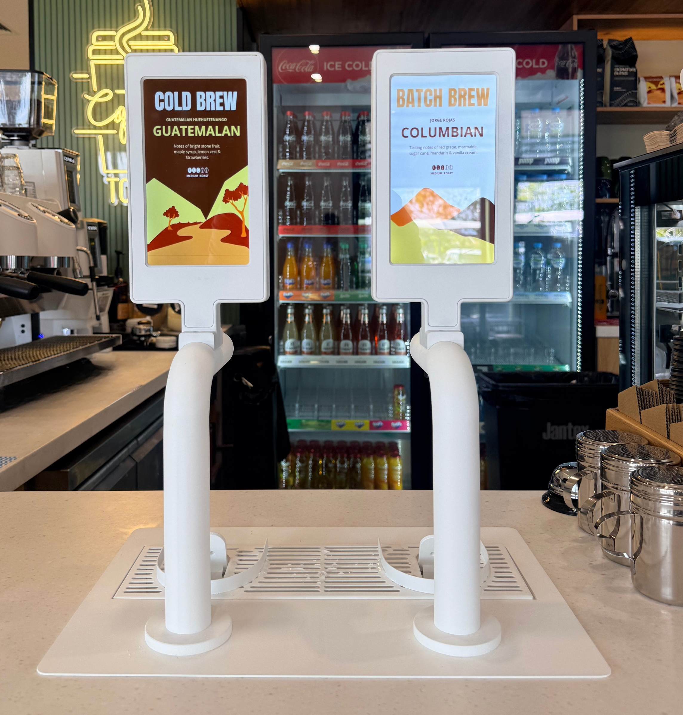 Creative Taps 2-tap cold brew dispensing system with digital screens on café counter - Creative Canning Solutions Australia