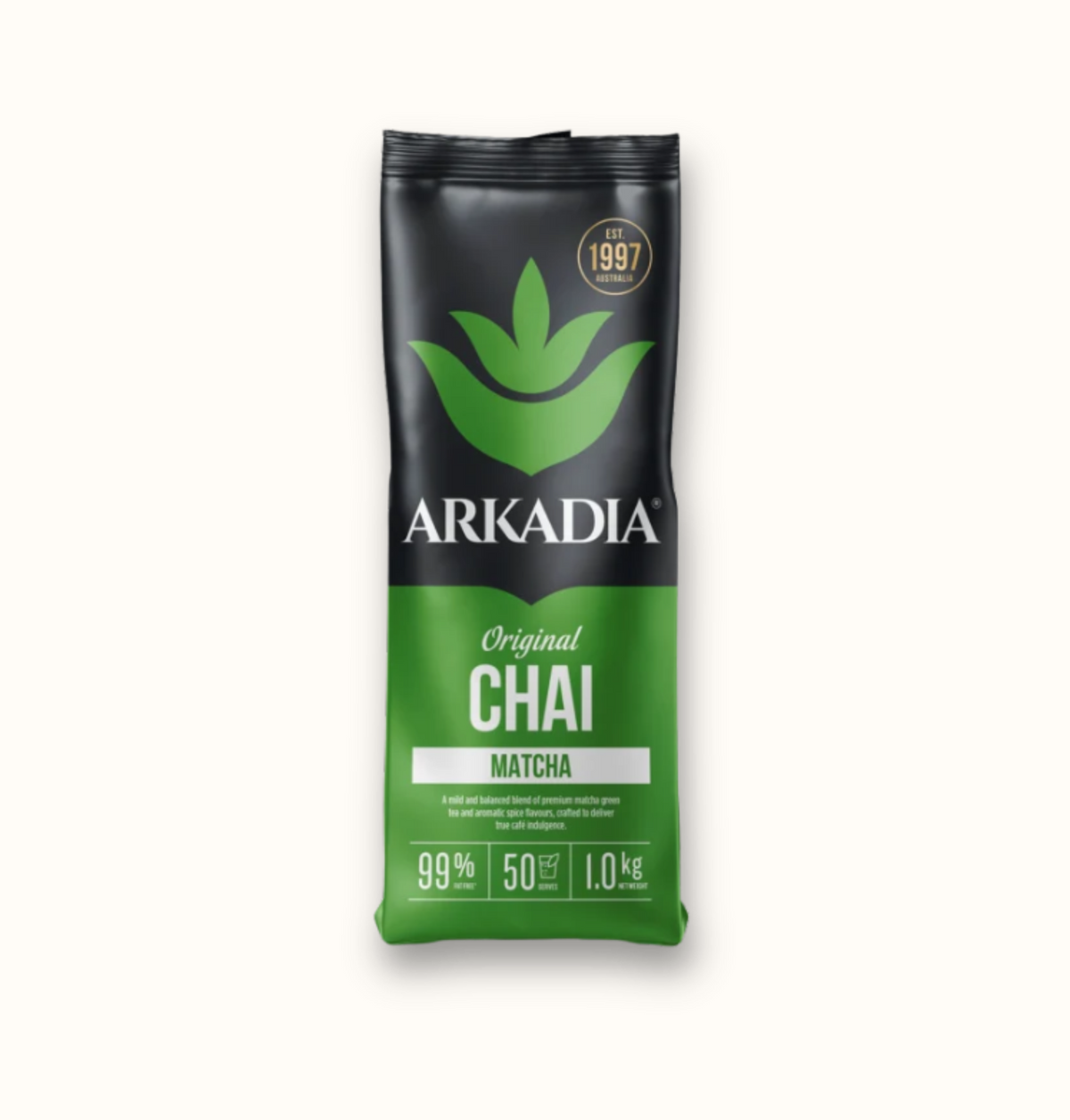 A package of Arkadia Original Chai Matcha tea, featuring a black and green design with a prominent green leaf logo, centered on a light off-white background.